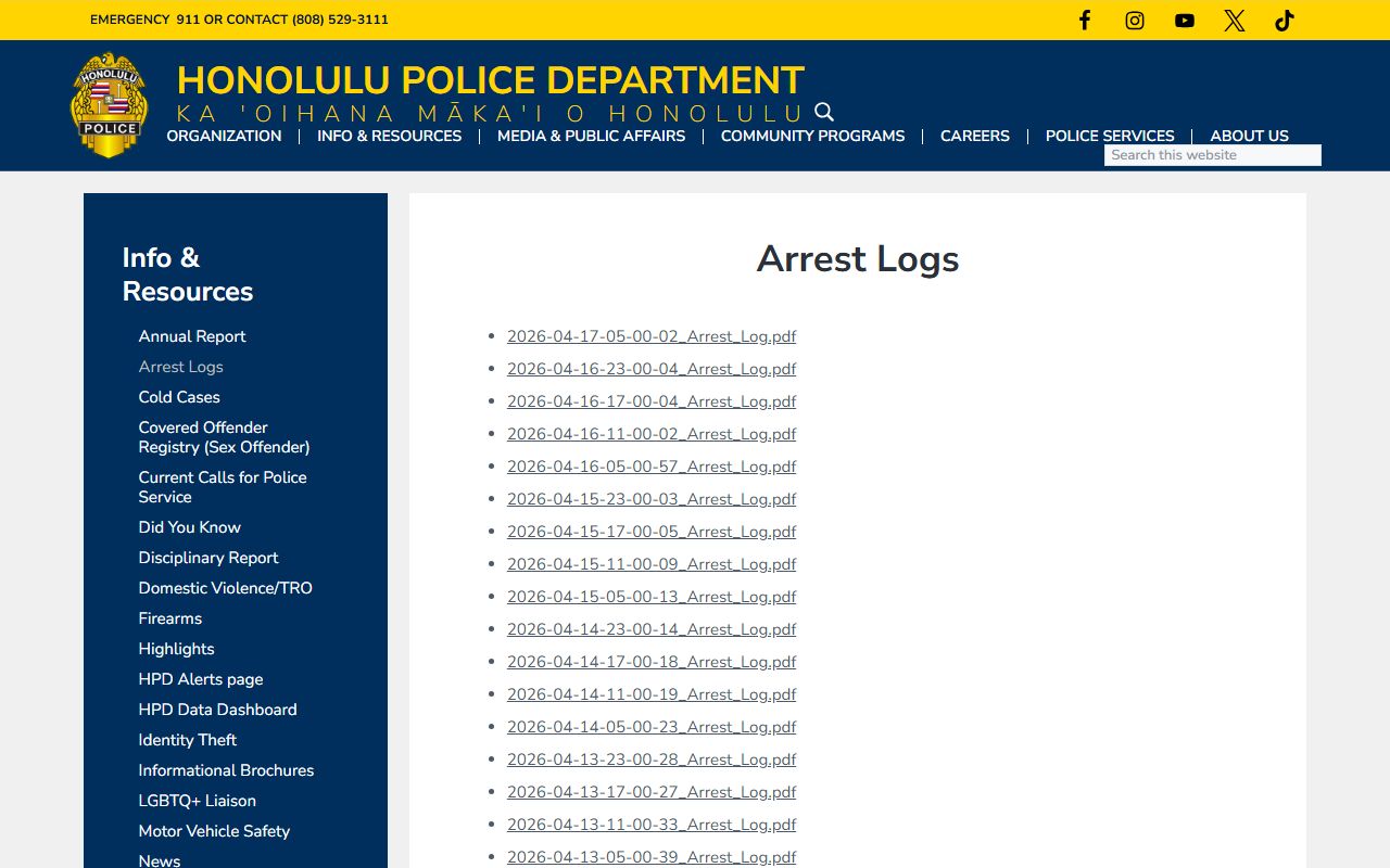 Honolulu County Recent Arrests logs page