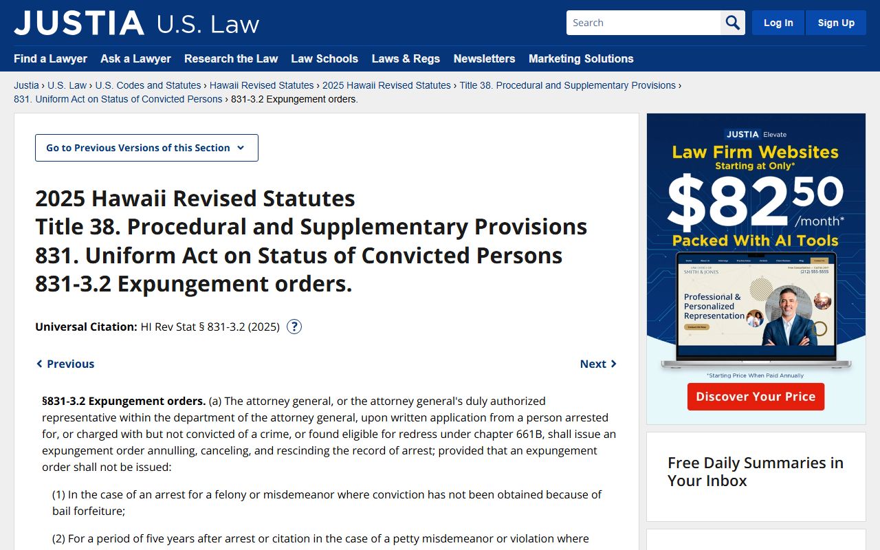 Hawaii Recent Arrests expungement statute